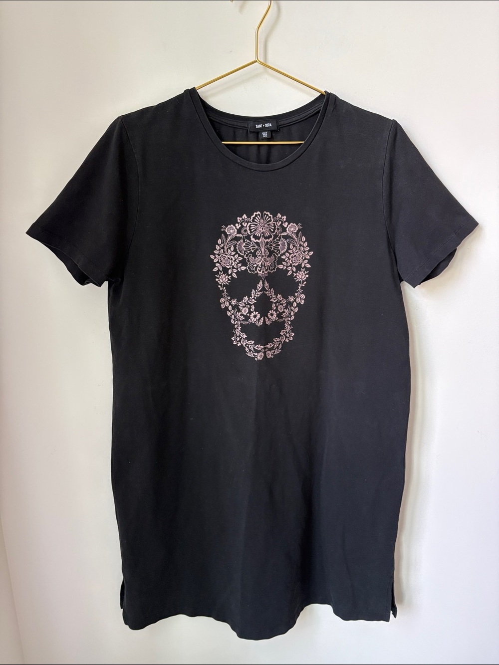 Saint + Sofia Skull Tee Dress in Black Organic Cotton Blend Casual Edgy Size 12
